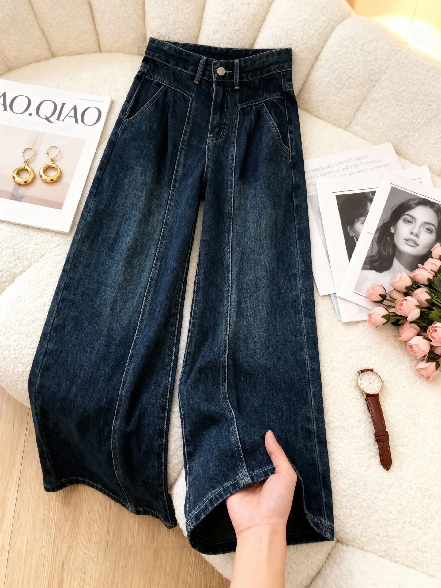 プラスサイズ 裏起毛デニムジーンズ ハイウエスト ワイドレッグパンツ レディース 秋冬 ゆったりフィット 着痩せ効果 ストレートレッグパンツ...