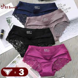 3 unids/set de bragas de mujer, calzoncillos de cintura media de seda helada, ropa interior sin costuras con adornos de encaje, lencería femenina cómoda, M-2XL