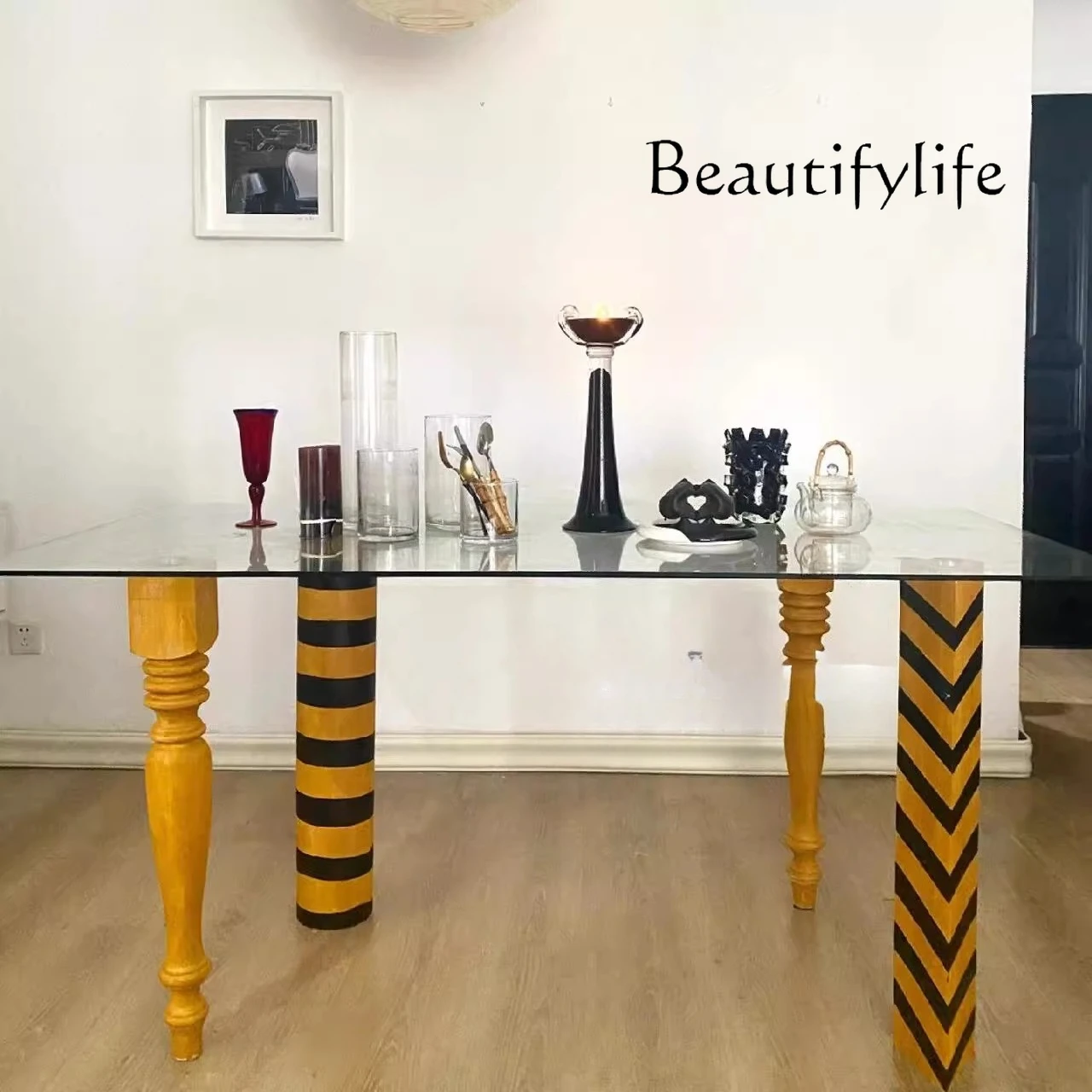 

Medieval style designer rectangular glass dining table art painting stripe homestay home retro dining table