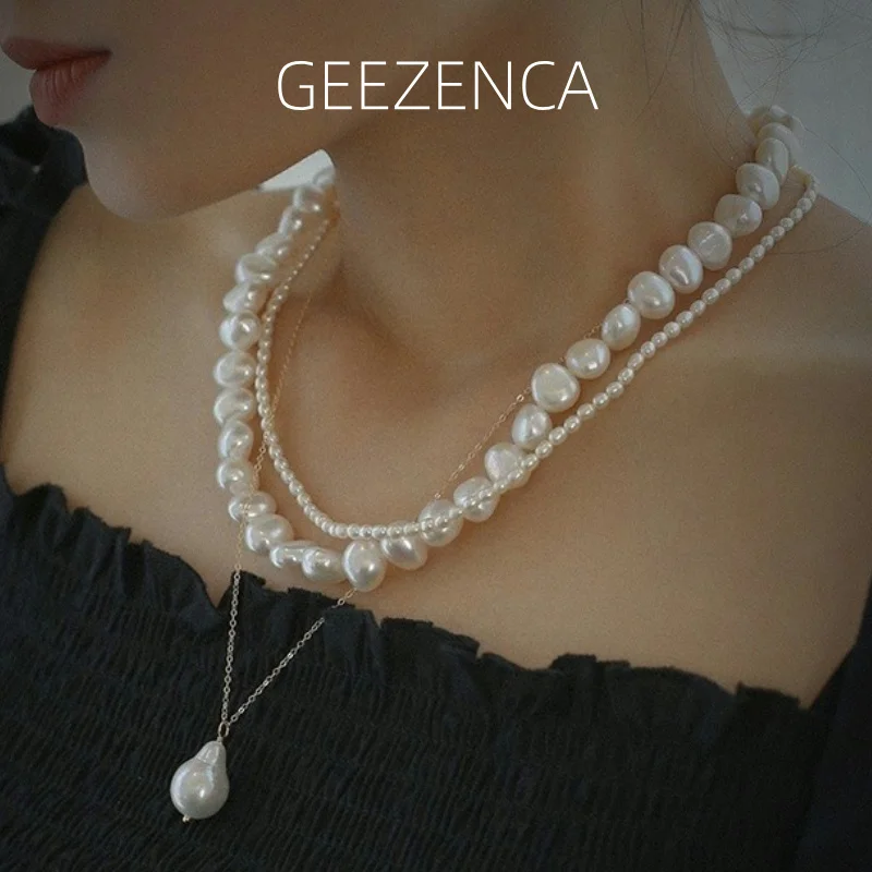 

GEEZENCA 925 Sterling Silver Natural Pearl Multi-layer Necklace Elegant Vintage Layered Stacking Pendant Necklaces Gift For Her
