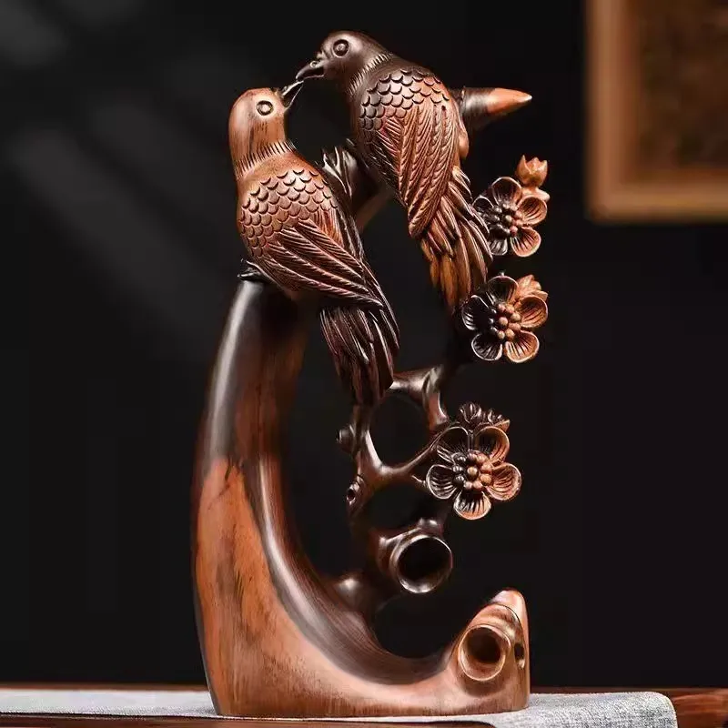 

1PCS Chinese Handmade Wood Carving Retro Magpie Birds Home Living Room Office Front Desk Desktop Decoration Hhousewarming Gift