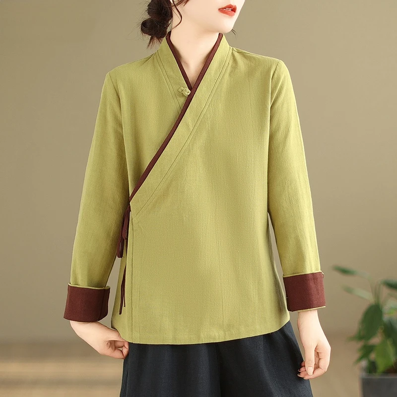 

Summer Cotton and Linen Women's Tops Retro Long-sleeved Lace-up Hanfu Zen Tea Clothing Traditional Chinese Style Loose Blouse