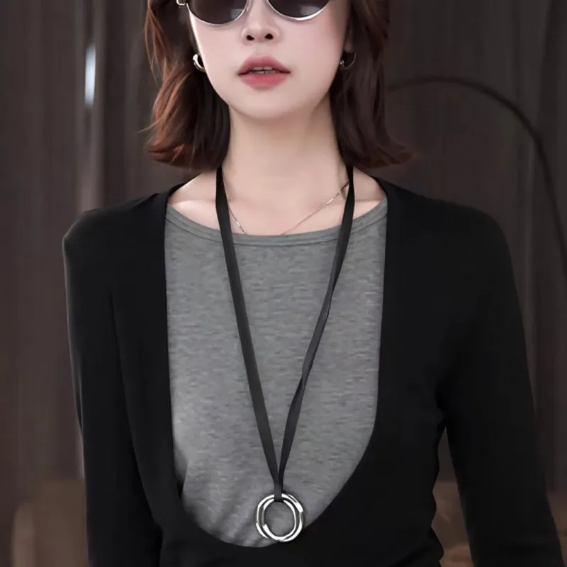 

Fake Two-piece T-shirt Women's Autumn Winter New Contrast Color Simple Casual Versatile Slim Long-sleeved Top