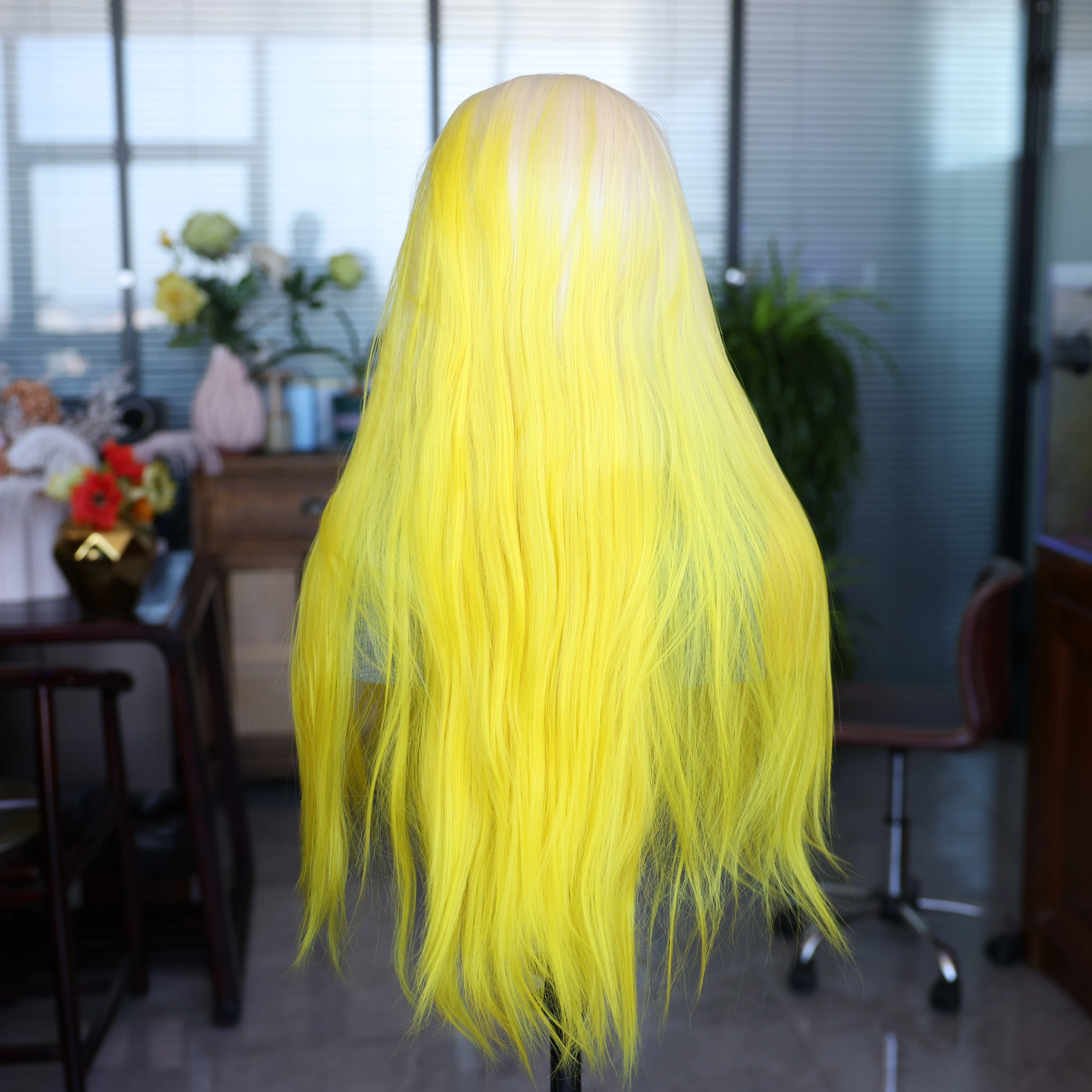 AIVA Yellow White Gradient Synthetic Long Straight Hair Wig 13*4 Front Lace Breathable Comfortable Net Hat Halloween Cosplay Wig