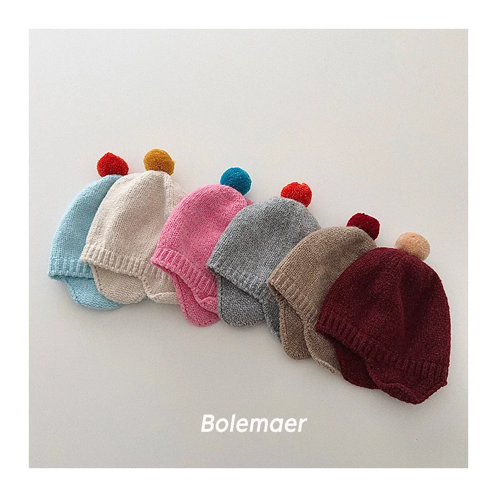 

Милая детская шапка с помпоном для защиты ушей, осенне-зимняя теплая вязаная шапка ярких цветов для мальчиков и девочек, детская шерстяная шапка