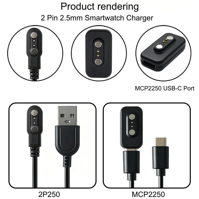 2P250/MCP2250 Magnetic Smartwatch Charger(Version A +Version B) For 2 Pin 2.5mm Smart Watch(Only One Version Work Your Watch)