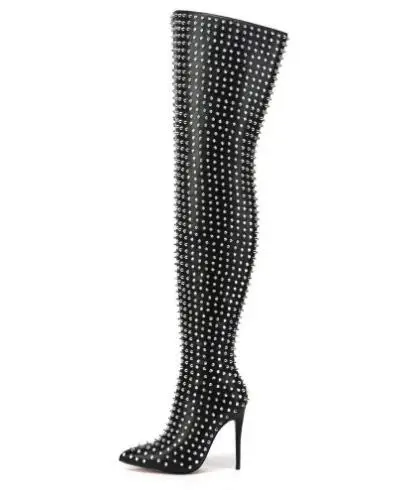 كامل الشظية الأسود المسامير ديكور أشار تو سستة الجانب رقيقة الكعوب فوق الركبة أحذية النساء فاسق سليم الفخذ أحذية طويلة الأحذية