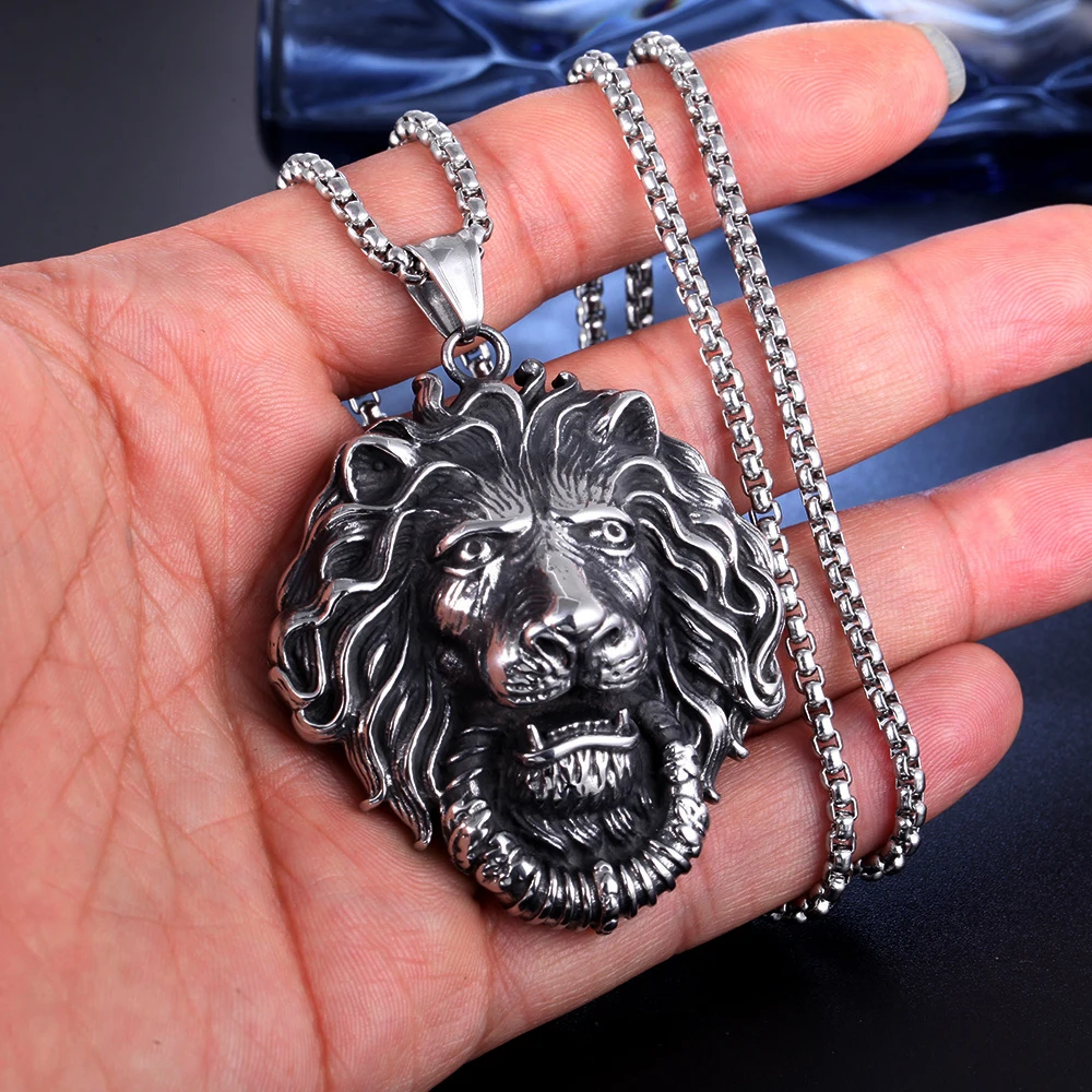 Collier Pendentif Tête de Lion Punk Hip Hop Dominant pour Hommes, en Acier Inoxydable Gothique, Bijou Chaîne Animalière pour Motards, Vente en Gros