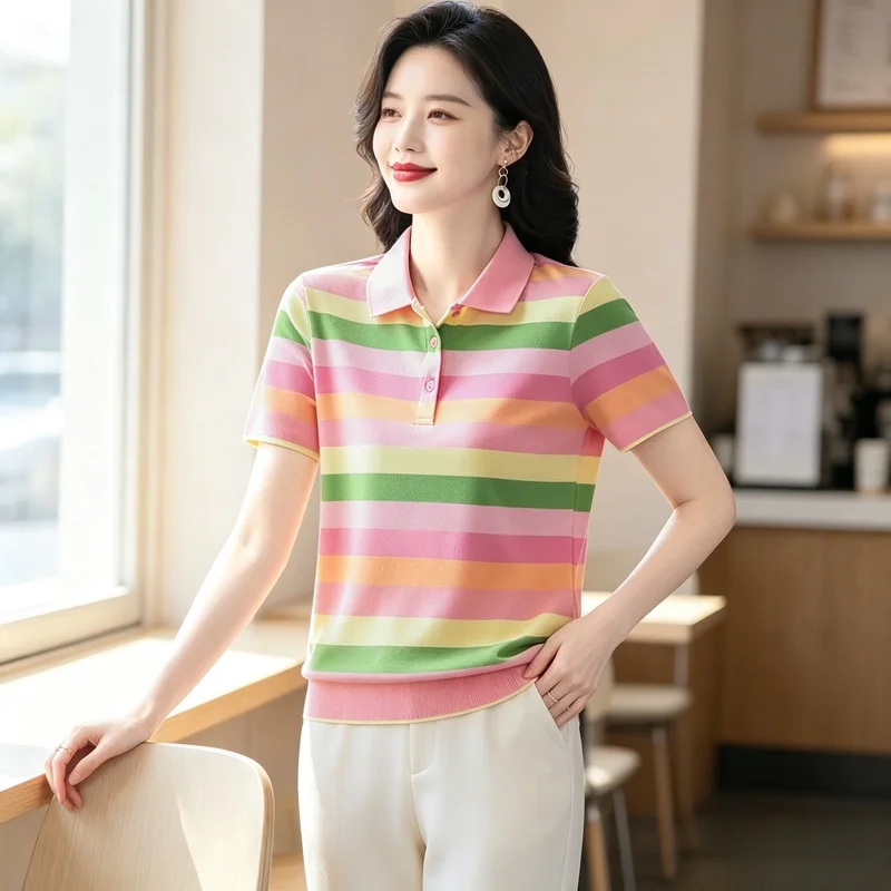 Pure Cotton Short-sleeved T-shirt for Women with Lapels Rainbow Stripes New Summer Mother Tops Sports Polo Shirt