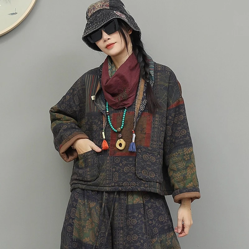 Pulôveres casuais de linho de algodão feminino nova chegada 2025 inverno estilo vintage o pescoço estampa floral feminino grosso casacos quentes m2151