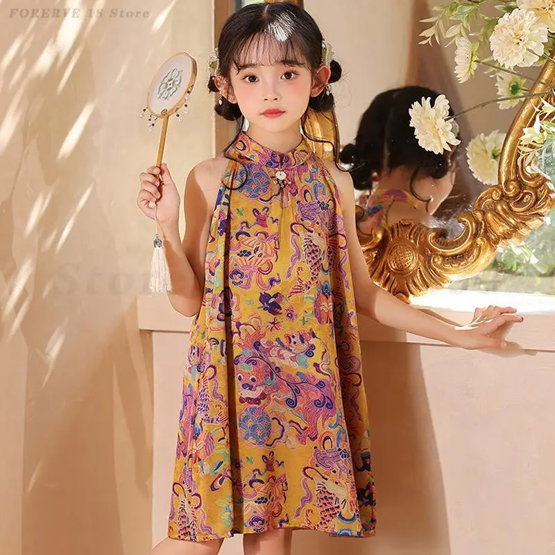 Summer Sleeveless Off Shoulder Qipao Hanging Neck New Chinese Style Vestidos Satin Printed Cheongsam Kids Girl Traditional Qipao