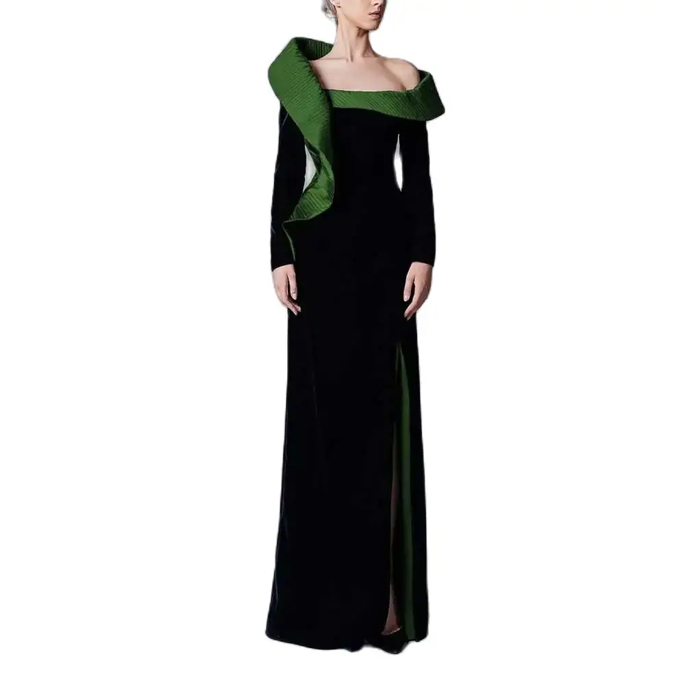 YUMDAI Elegant Off Shoulder Green Evening Dress for Women 2024Wedding Guest Gorgeous Black Velvet Arabian Long Formal Party Gown