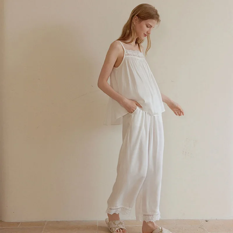 New Fashion 100% Viscose Sleeveless Long Pants Spaghtti Strap Pajamas Sets For Women Soloid Color Loose Comfortable Nightwear