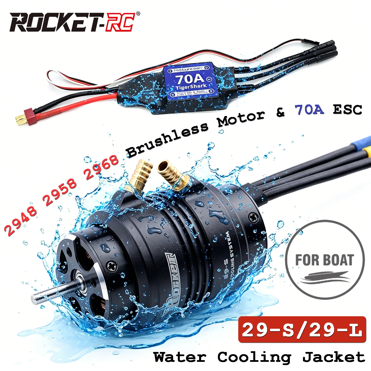 ROCKET-RC 2948 2958 2968 Bürstenloser Motor 70A ESC mit 29-S/29-L Wasserkühlung Combo-Set für Traxxas 600-800mm RC-Boote