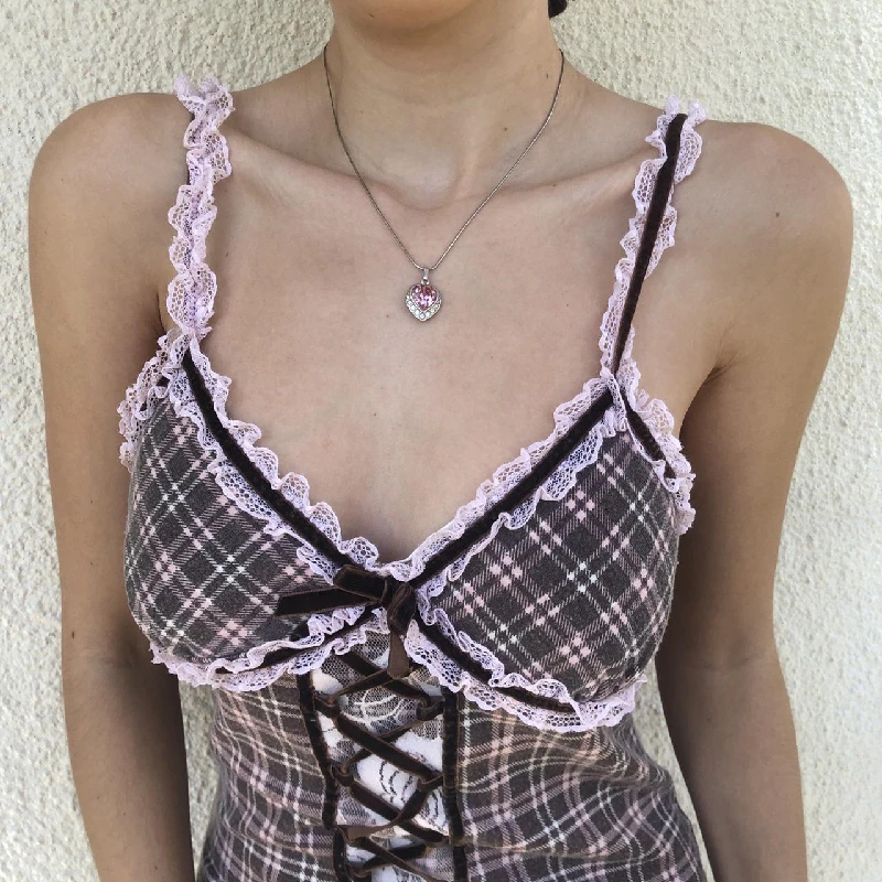 Weserei y2k Spitze Patchwork Plaid Print Tank Top Mode V-Ausschnitt Slip Crop Tops koreanische ästhetische Bandage rücken freies Leibchen