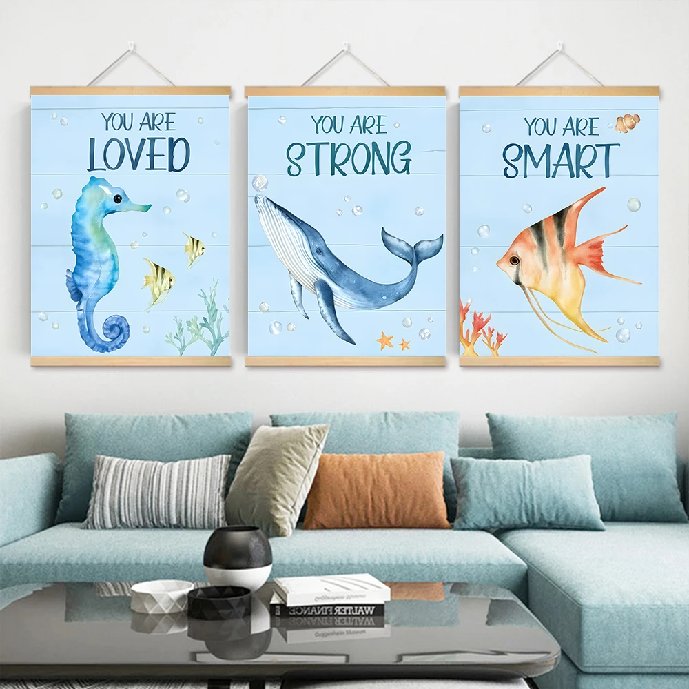 Inspirational Ocean Life Wall Art Posters Marine Animal Solid Wood Motivational Quotes for Classroom,Educational Sea Life Chart