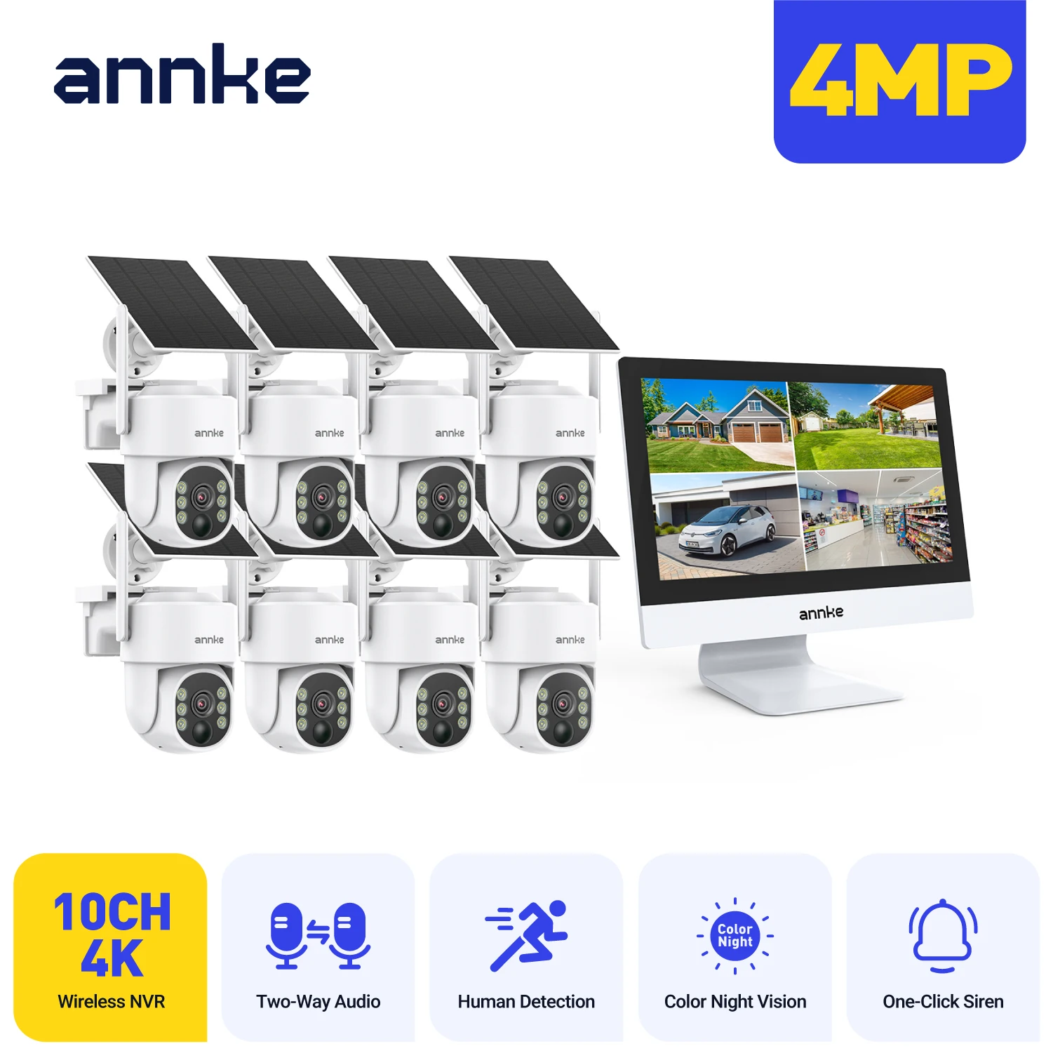 ANNKE Kabelloses Solar-Sicherheitssystem – 10-Kanal 12-Zoll 8MP NVR 4MP PT-Kamera, Dual-Light-Vollfarb-Nachtsicht, PIR+AI-Personenerkennung, Zwei-Wege-Audio, APP-Benachrichtigungen & Alexa-kompatibel