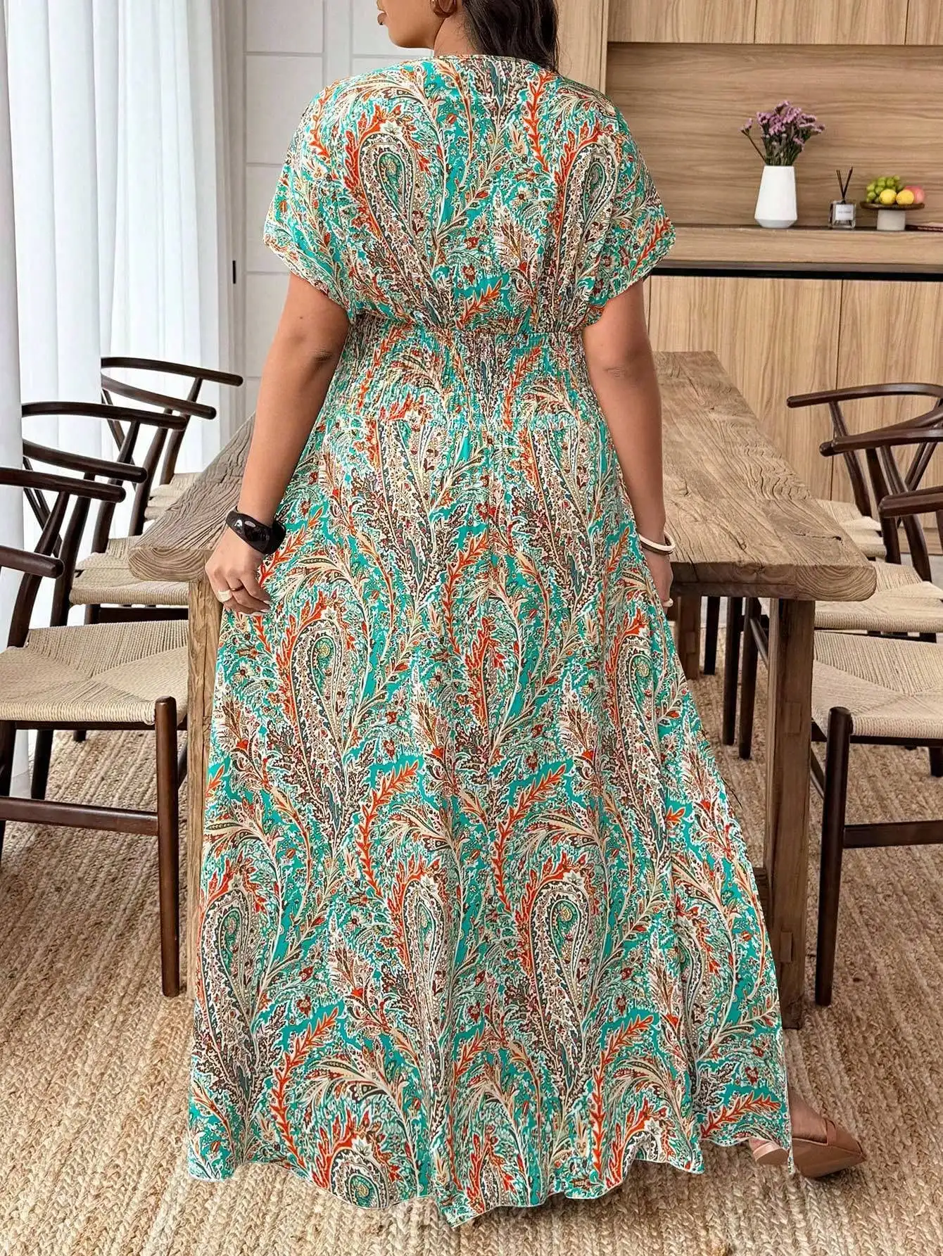 

Paisley Floral Print Deep Shirred Waist Plus Size Women Beach Maxi Dress