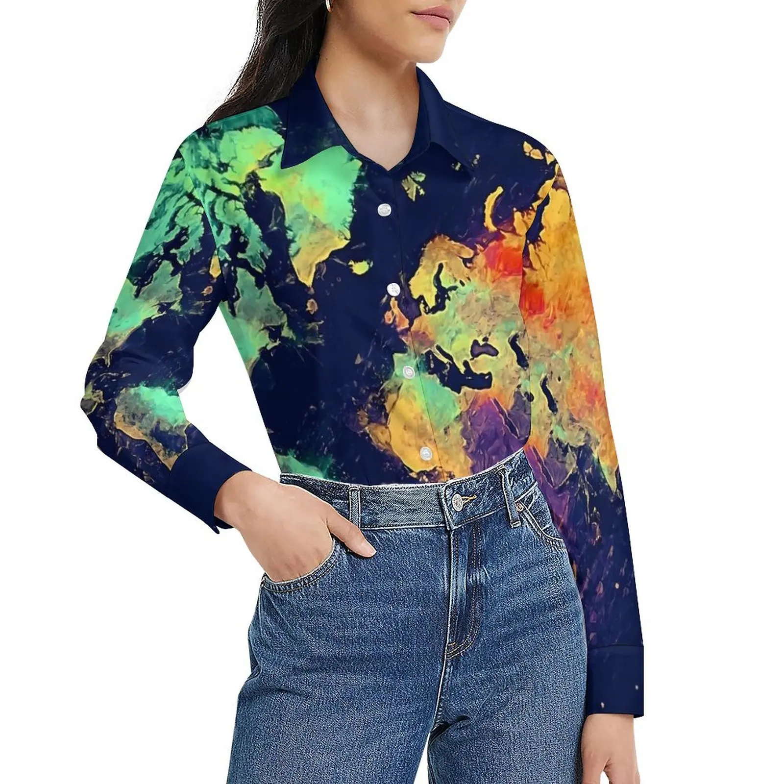 

World Map 140 Blouse Global Map Art Office Printed Blouses Women Casual Shirts Summer Long Sleeve Oversize Top