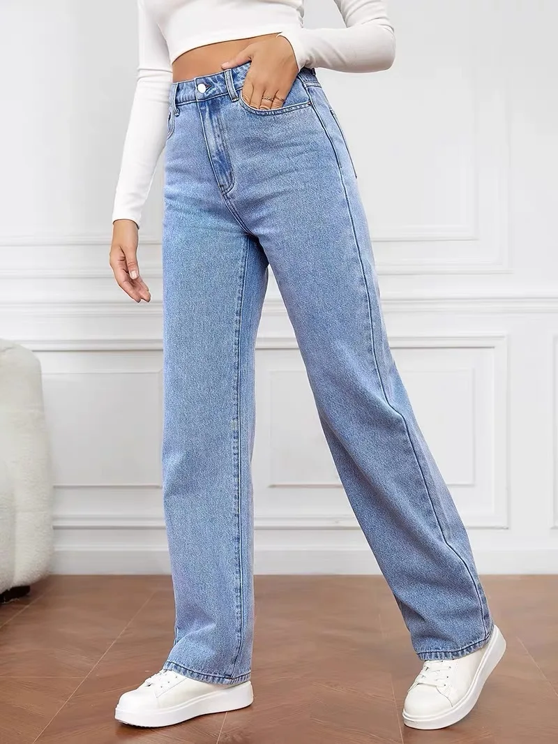 Women Denim Pants Custom Logo High Quality 100% Cotton Washed Straight Loose Fitting Wide Leg High Waist Plus Size Women's Jeans