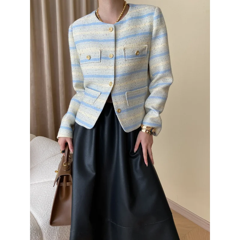 Women French High Quality Sweet Short Jacket Simple Casual Loose Korea Small Fragrant Vintage Striped Blue Tweed Office Coat 167