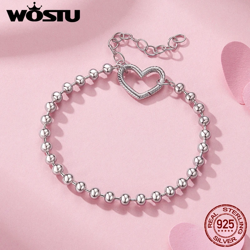 

WOSTU 925 Sterling Silver Heart Bracelet Heart Basic Beads Chain White Gold Sweet Anniversary For Women Lover Fine Jewelry Gift