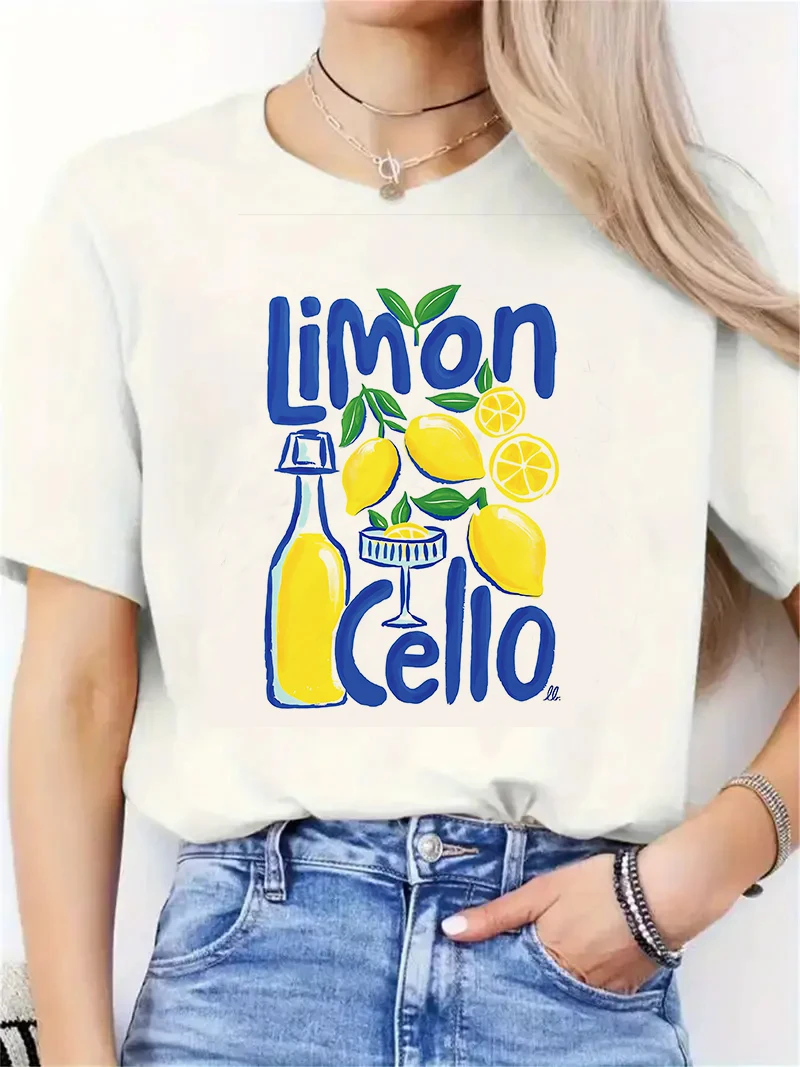 

Camiseta de manga corta con estampado de violonchelo y limón dulceropa para mujercamiseta ropa, camiseta superior para mujer