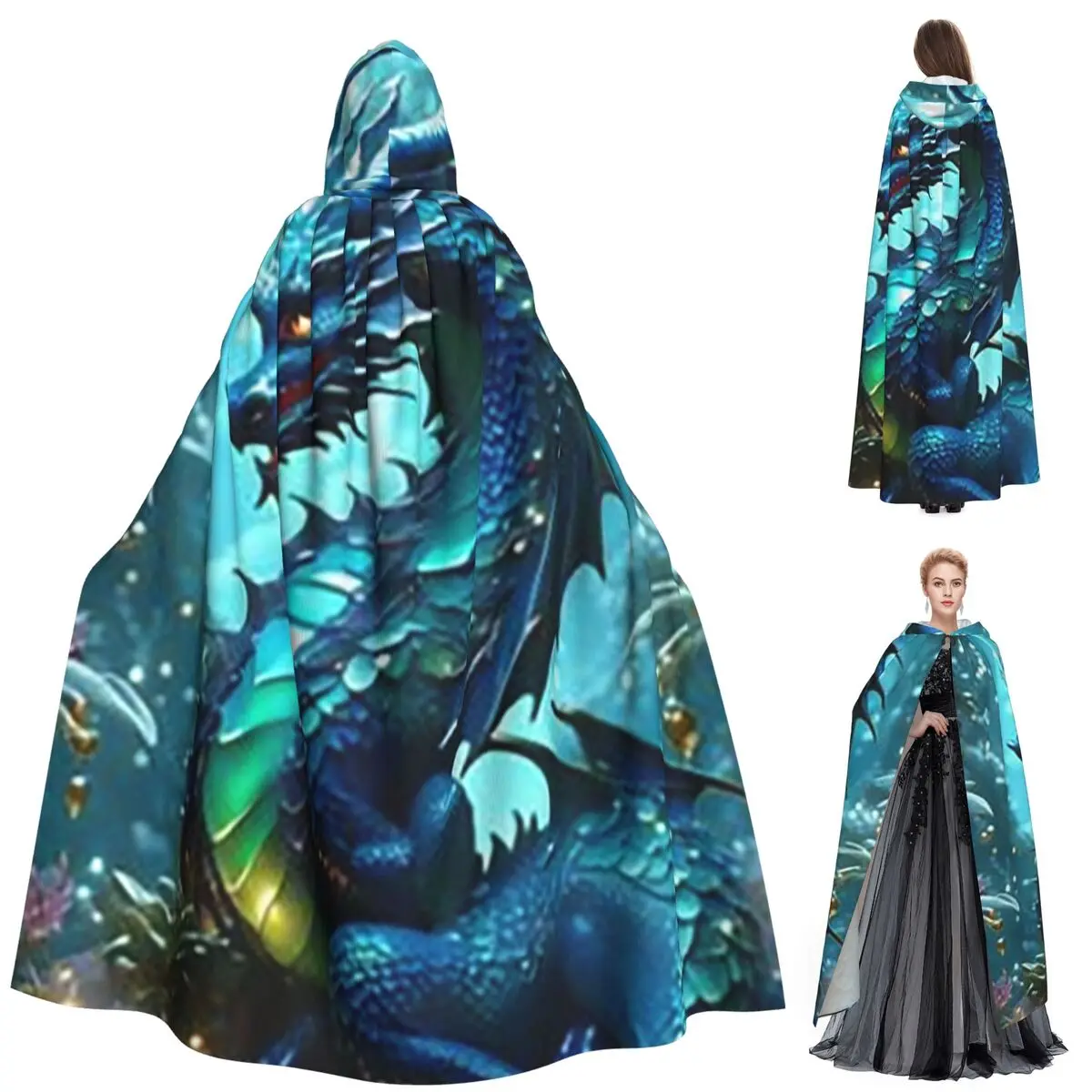 

Dragon Portrait Long Hooded Cloak Witch Medieval Costume Cosplay Cape HalloweenParty Adult Unisex