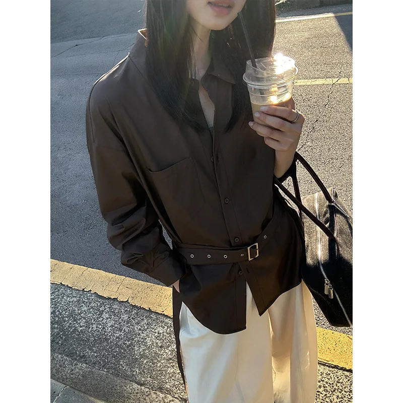 

High-end Lapel Leather Shirt Women's Autumn New Loose and Versatile Strap-on Long-sleeved Top
