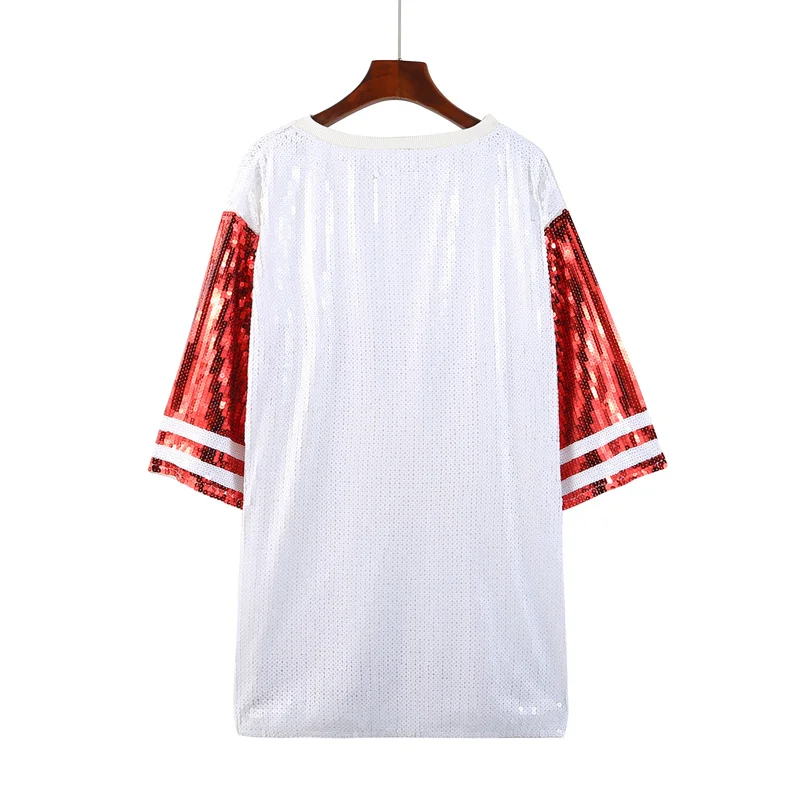 Summer High Quality Streetwear Sequins Stripe Letter Short Sleeve Patchwork T-Shirt Hip Hop Round Neck Straight Women' Wears