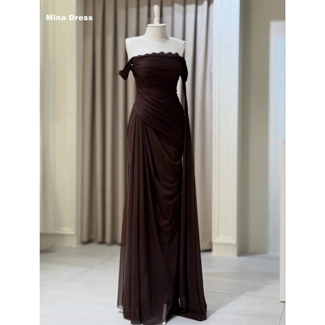 

Mina Customized Brown Evening Dresses Folds Elegant Party Dresses Dropped Shoulders Sleeveless Prom Dress Best Selling Luxury