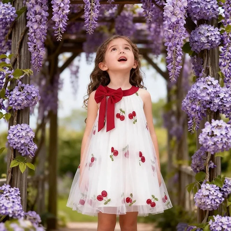 New summer collection of embroidered floral print dresses for girls, princess-style silhouette