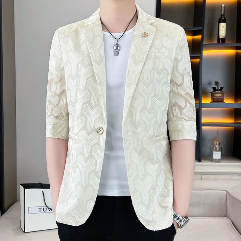 Summer Thin 3/4 Sleeve Blazers Men Slim Casual Business Suit Jackets Men Clothing Streetwear Social Nightclub Hairstylist Jacket