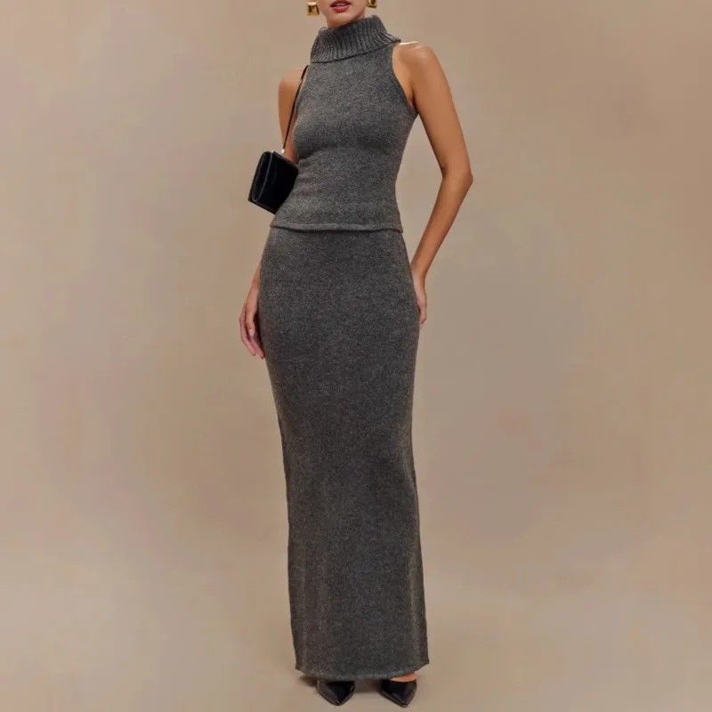 

Simple and Sexy Solid-color Knitted High-neck Vest Skirt Set That Is A Bestseller in Cross-border Sales From Europe and America