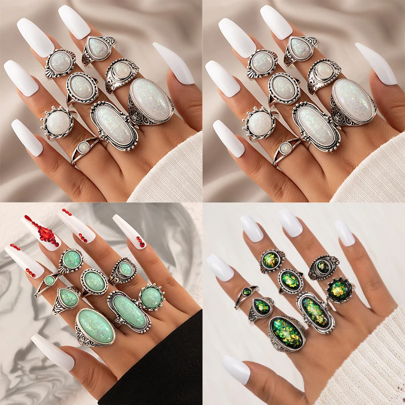 Tocona Vintage Antique Silver Color Rings Sets Colorful Opal Crystal Stone Carve for Women Men Bohemian Jewelry Anillos 6421