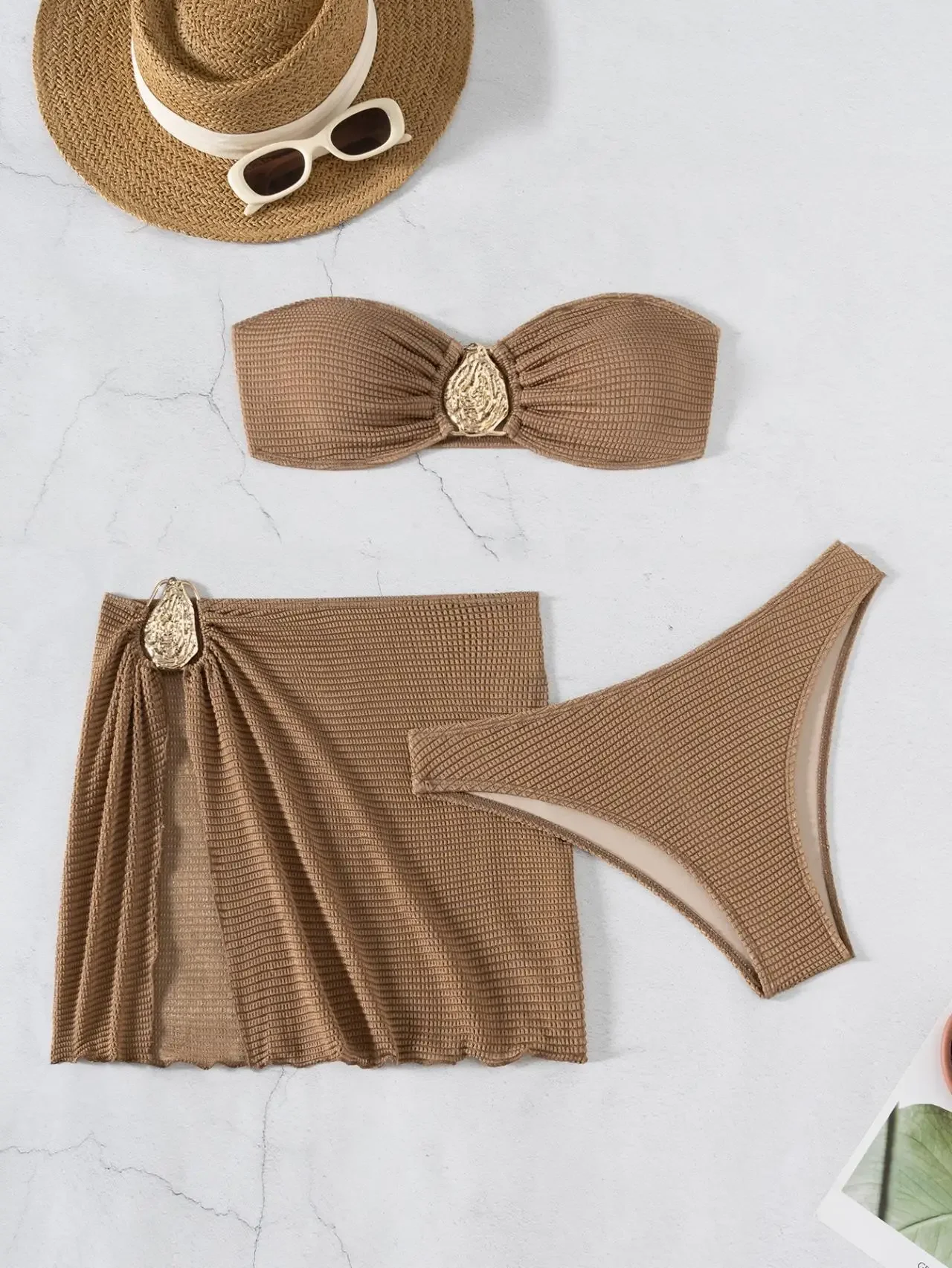 

Sexy Bandeau Bikini Women Coffee Metal Water Droplet Ornament Push Up Mesh Skirt 3 Piece Swimsuit Beach Bathing Suit Swimwear