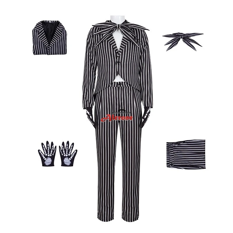 

Хэллоуин Джек Череп Ужас Скеллингтон Косплей Костюм Черная Полоса Костюмы Мужской Хэллоуин Рождество Скелет Косплей Джек Одежда