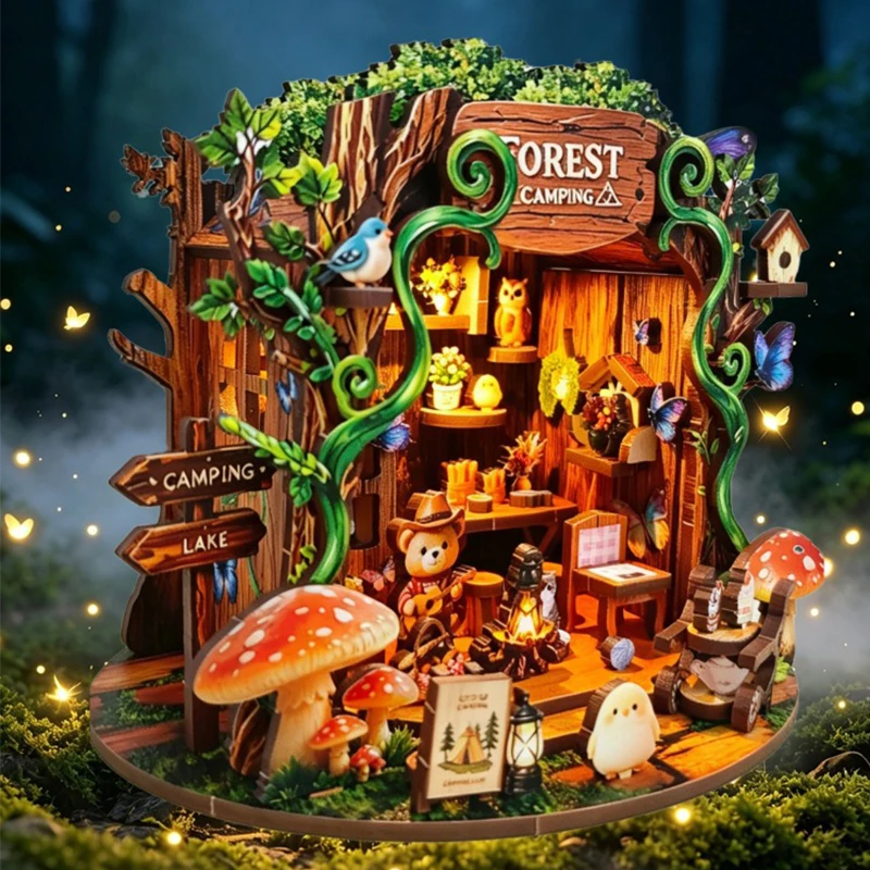 DIY 3D Wooden Forest Cottage Jigsaw Puzzles Miniature Model Kits Mini Casa for Friends Birthday Gifts