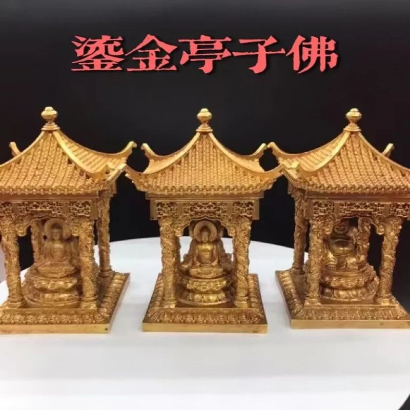 Antique vintage copperware collection: gold-plated and gilded four-sided , Maitreya , pavilion Buddha, Guanyin with