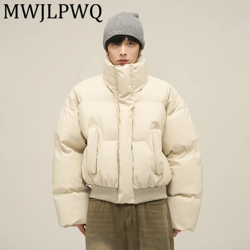 

MWJLPWQ Stand Collar Thicken Padded Male High Street Long Sleeve Oversized Pocket Solid Color Casual Loose Tops Winter New 11869