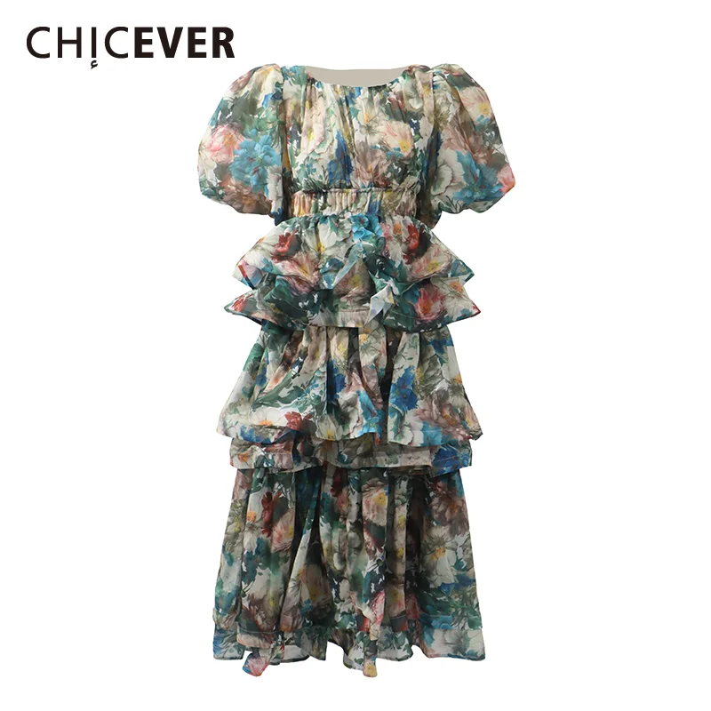CHICEVER Vintage Colorblock Party Dresses for Women O Neck Puff Sleeve High Waist Spliced Ruffles Temperament Midi Dress Female