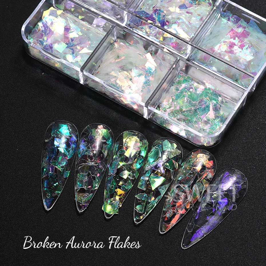 6 Grids AB Iridescent Nail Glitter Flakes Irregular Aurora Sparkle Sequin Crystal Glass Fairy Paillette DIY Manicure Decor Slice