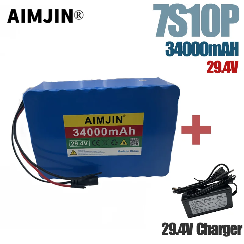 Lithium ion rechargeable battery 18650 7S10P battery pack with built-in BMS, suitable for electric bicycles, 29.4V, 34000mAh