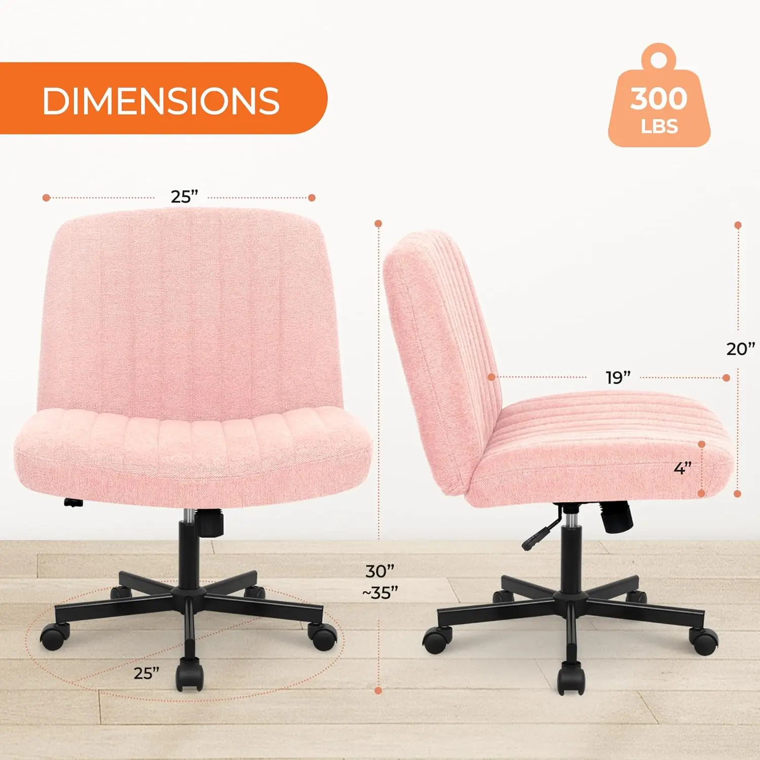 Wheeled, armless cross legged office desk and chair, spacious and comfortable dressing table rotating (pink)