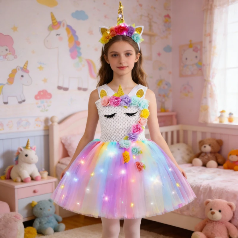 

Girls Pastel Flowers Princess Costumes LED Light Unicorn Dresses Child Kids Birthday Christmas New Years Party Outfit Clothes