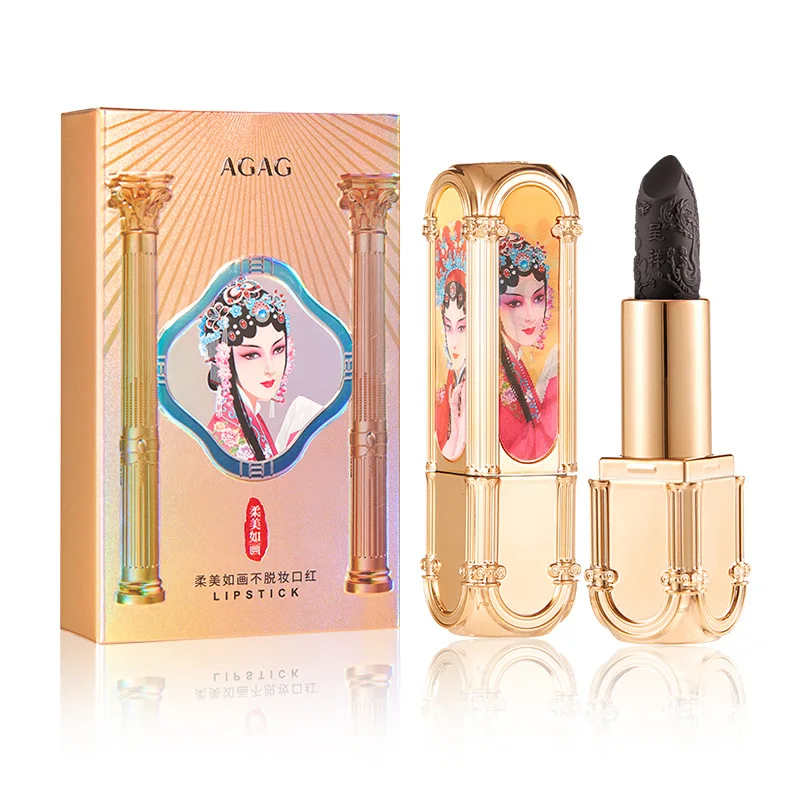 Keine Make-up-Entfernung, gravierter charakteristischer Lippenstift, langlebig, antihaftbeschichtet, Körbchennebel, samtmatt, leicht zu färben, verbessert den Teint