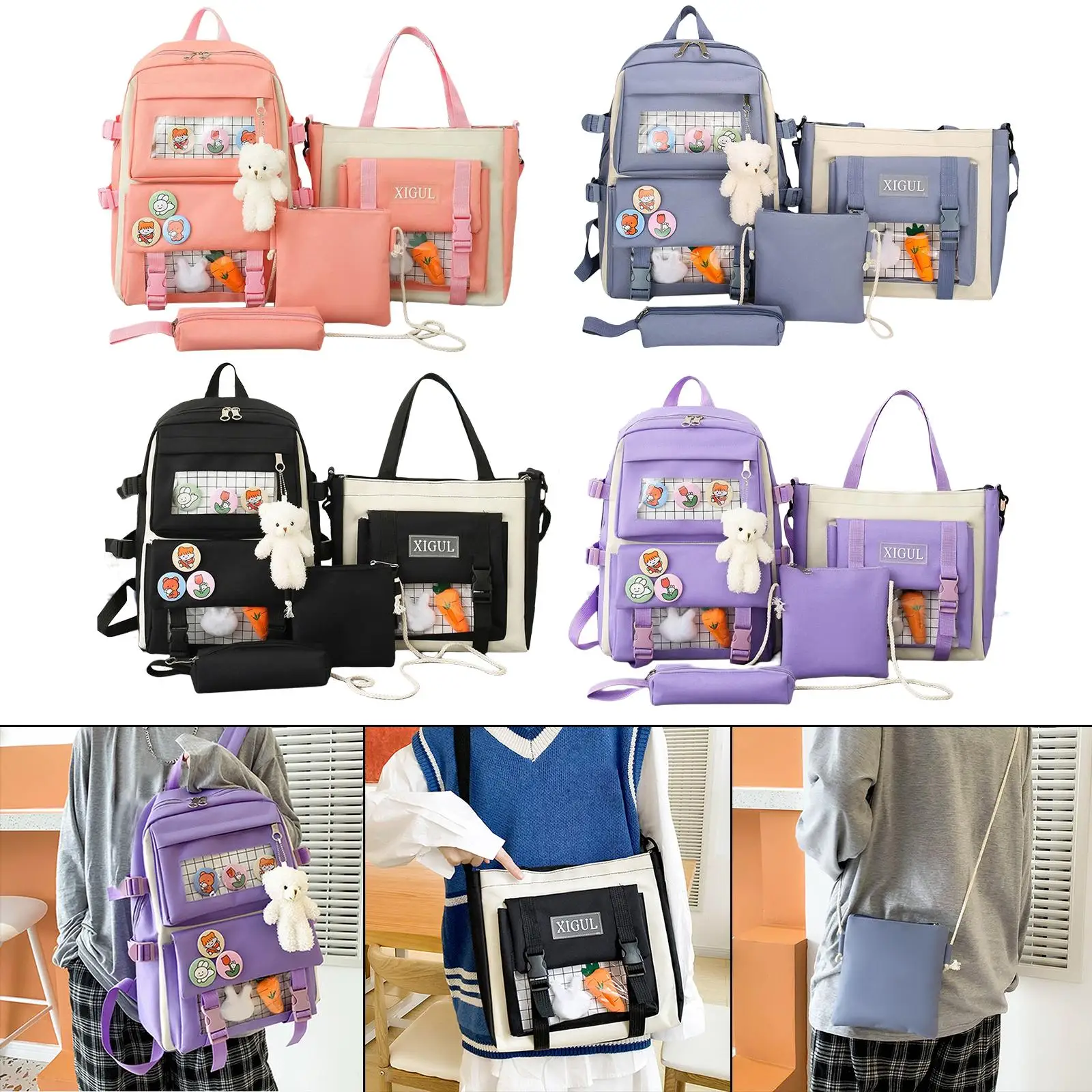 Mochila de lona de 4 piezas para mujer, bolso informal para niña, conjunto de mochila de media altura