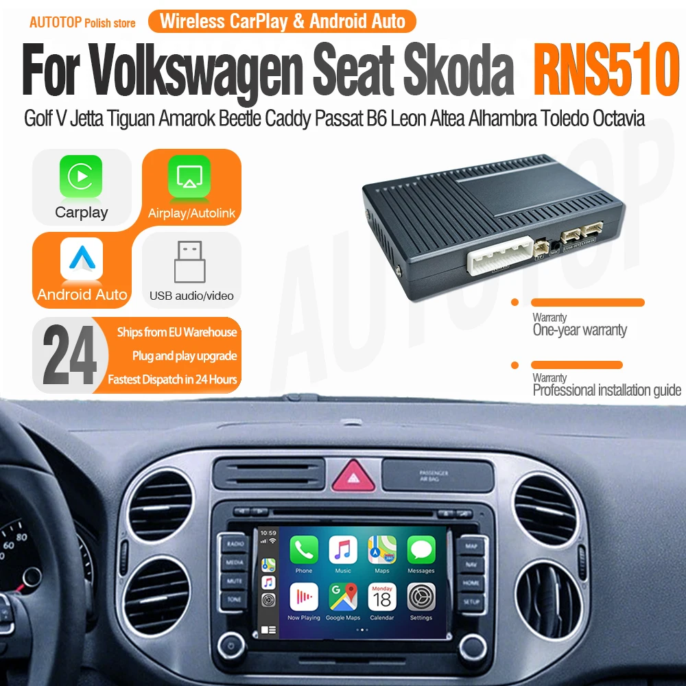 AUTOTOP Wireless CarPlay Android Auto for Volkswagen VW Tiguan Passat Golf 6 Polo Skoda seat RNS510 series Phaeton Mirror Link