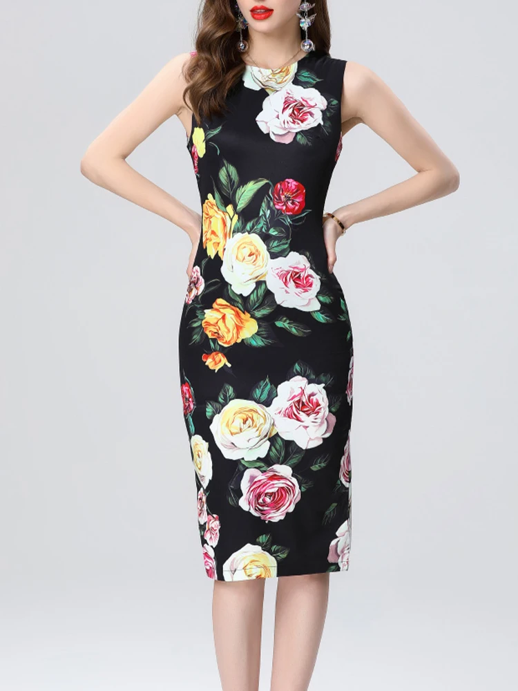 Retro Printed Slim Fit Round Neck Vest Dress For Spring And Summer 2025 New Fashionable Women'S Clothing