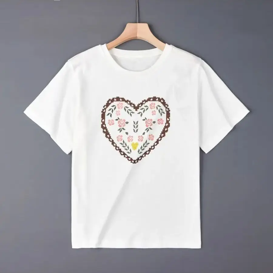 Love Flower Nordic Folk Traditional Decorative Pattern Women's Print T-shirt 100% Cotton Fashion White Short Sleeve High Street